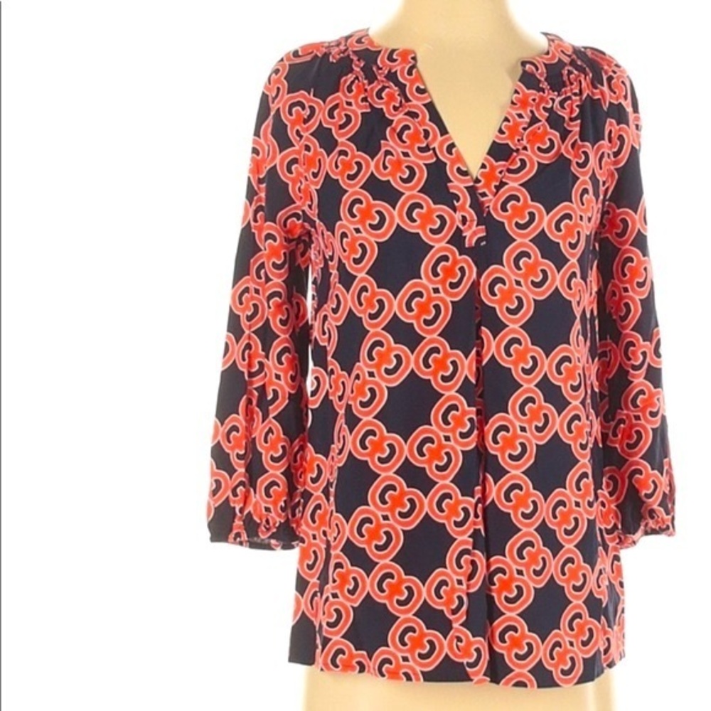 Crown & Ivy XS peasant top black & orange BOHO ruched v-neck 3/4 full sleeves